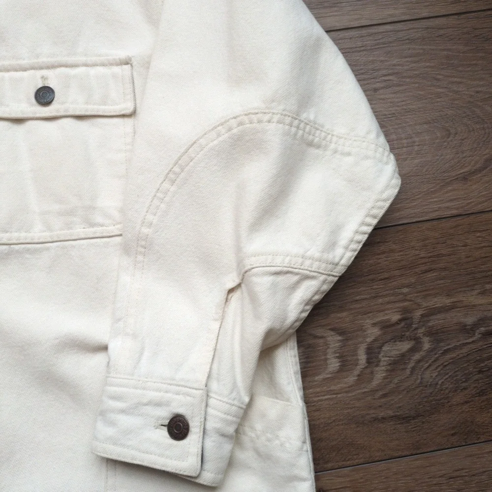 Vtg 90s Ruff Hewn Barn Chore Jacket White Canvas Corduroy Collar Workwear Large